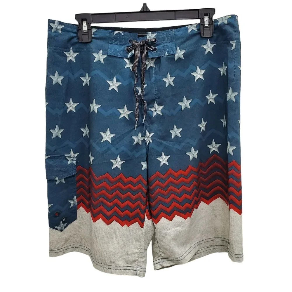 Ocean Current‎ Men's American Flag Red White Blue Swim Trunks Board Short Sz 32